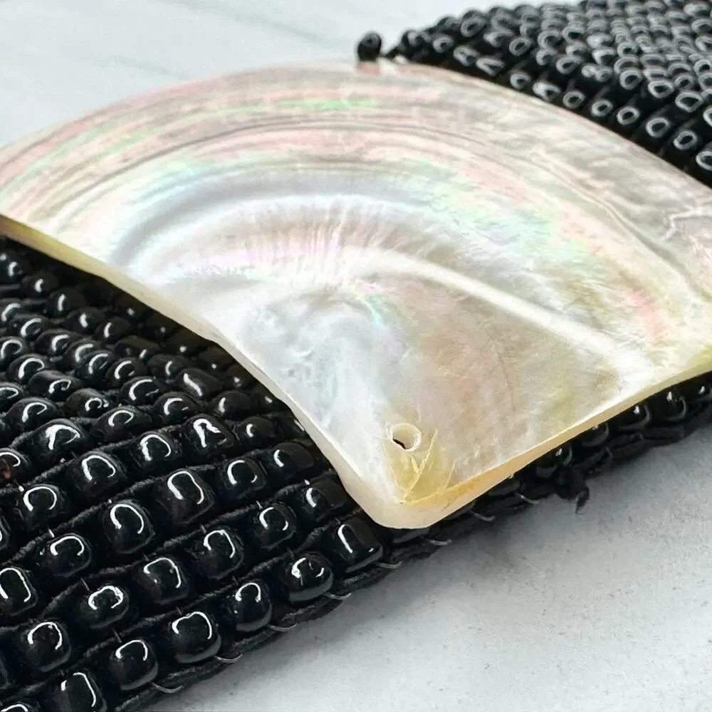 Abalone Shell Black Beaded Stretch Cinch Belt Womens OS ✨